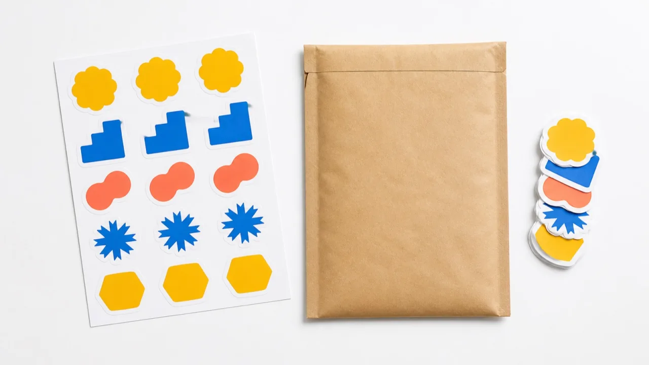 A sheet of die-cut vinyl stickers beside a kraft shipping mailer